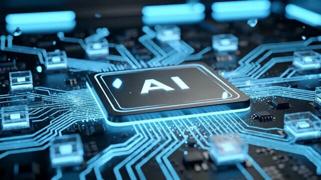 Artificial intelligence chip animation for futuristic ai computing, glowing digital circuit background video, cyber processor network and smart technology concept