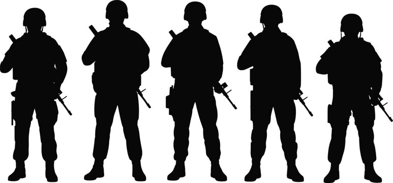 Soldier silhouettes standing in row, rifles held diagonally, military personnel with helmets and gear, discipline, unity, armed forces illustration design