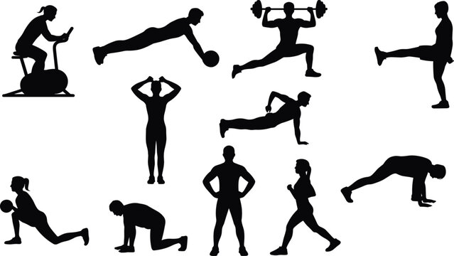 Collection of fitness silhouettes, workout exercises, cycling, plank, barbell lift, lunges, push‑ups, running, mountain climber, diverse training illustration