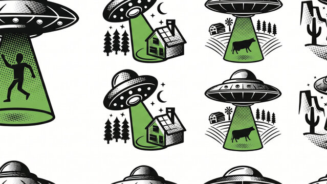 Vintage UFO abduction vector icons, retro alien spaceship illustrations with green tractor beams, sci-fi flying saucer set for posters and apparel