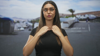 Fototapeta premium Woman with glasses adjusts her hair with both hands while facing camera on street near white buildings, a palm tree and parked cars; confidence poise.