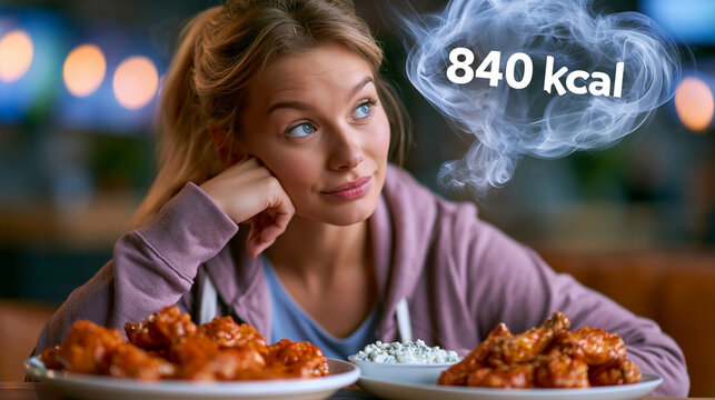 Eine Frau sitzt in einem Restaurant vor einem Teller mit H&auml;hnchenfl&uuml;geln, w&auml;hrend eine Gedankenwolke mit &bdquo;840 kcal" erscheint.
