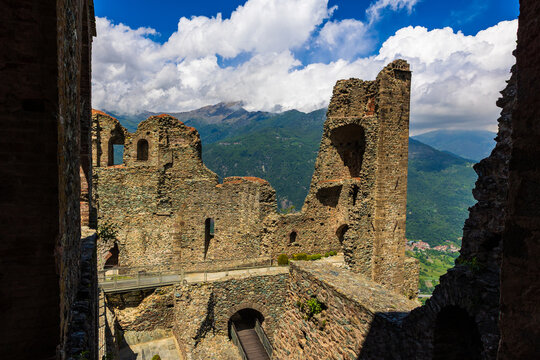 Ruins of the new monastery adjoining the Sacra di San Michele abbey complex perched on Mount Pirchiriano in the Susa Valley