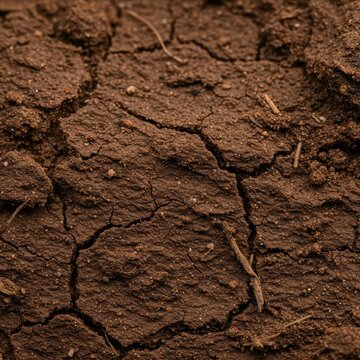 Macro view of dry, rich brown natural earth, emphasizing fine grain soil texture. A compelling, gritty, organic abstract background, loam, texture, raw