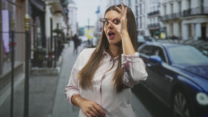 Fototapeta premium Woman wearing glasses making circle gesture over eye while touching chest, posed on a street beside a parked blue car and storefronts; playful curiosity.