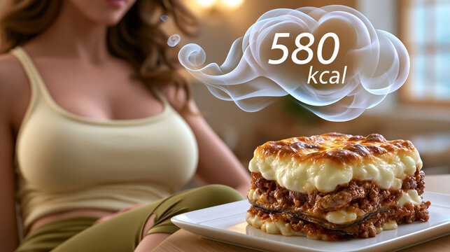 Eine Frau beugt sich &uuml;ber ein St&uuml;ck Lasagne, w&auml;hrend eine Gedankenwolke mit &bdquo;580 kcal" aufsteigt.
