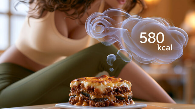 Eine Frau beugt sich &uuml;ber ein St&uuml;ck Lasagne, w&auml;hrend eine Gedankenwolke mit &bdquo;580 kcal" aufsteigt.