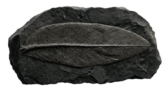 Highly Detailed Glossopteris Leaf Fossil Embedded in Dark Shale Isolated on White Background