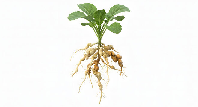 Scientific 3D Illustration of Clubroot Disease Deformation in Brassica Plant Roots on White Background
