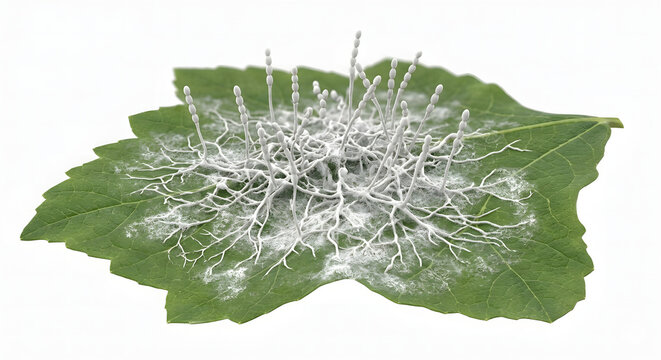 Scientific 3D Render of Powdery Mildew Fungal Mycelium on a Green Leaf Surface Isolated on White
