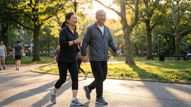 Happy elderly asian man and woman walking hand in hand in park during sunset. Active seniors enjoying outdoor exercise and healthy lifestyle together. Senior health and longevity concept