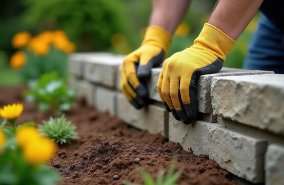Hands in yellow gloves place concrete block for garden wall construction. DIY landscaping project in backyard with plants and flowers. Outdoor home improvement activity.