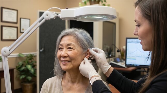 Woman getting hearing aid fitted by audiologist. Senior patient undergoing hearing test in clinic. Age related hearing loss treatment and care