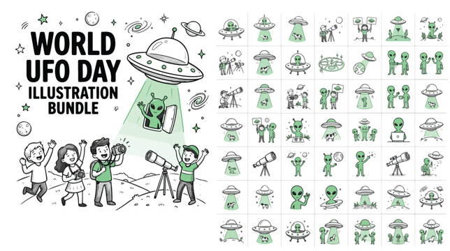 World UFO Day illustration bundle, hand drawn alien and spaceship vector icons set, green extraterrestrial characters and flying saucer graphics