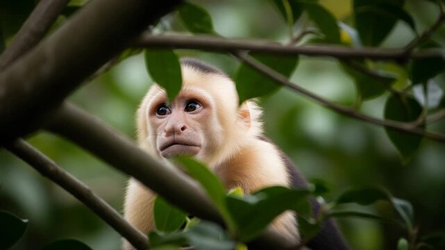 Whitefaced capuchin monkey looking through tree branches