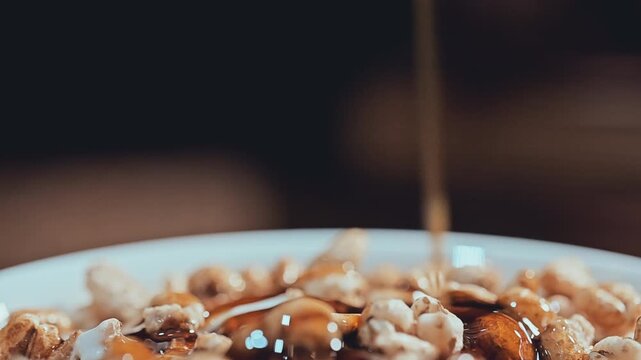 Extreme Macro of Colorful Cereal and Golden Syrup Pouring