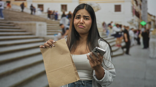 Woman holding paper bag and smartphone, squints at screen on crowded street steps near a landmark; frustration delay.