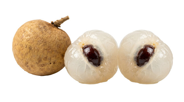 Whole and halved longan fruit, showing its textured brown skin and translucent white flesh with a dark seed