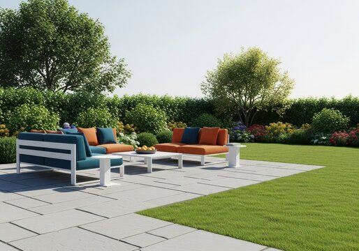 A luxurious and detailed residential backyard featuring a stone patio, lush green lawn, mature plantings, and a modern outdoor seating area, garden, pathway, manicured