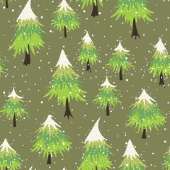Fototapeta premium Winter seamless pattern with Christmas tree and snowflakes on color background. Vector illustration for fabric, textile wallpaper, posters, gift wrapping paper. Merry Christmas and New year Vector.