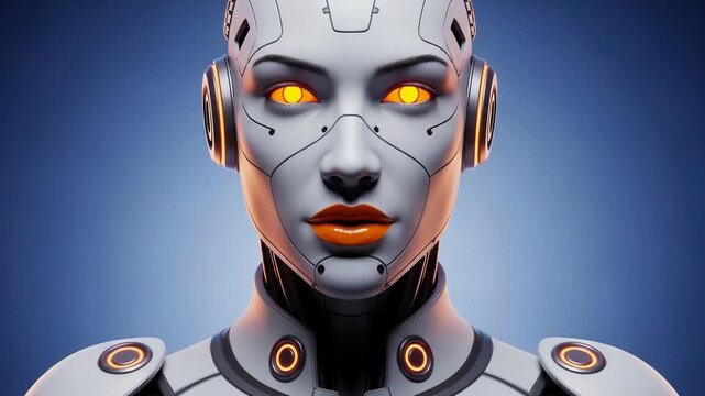 Futuristic female android portrait with glowing orange eyes
