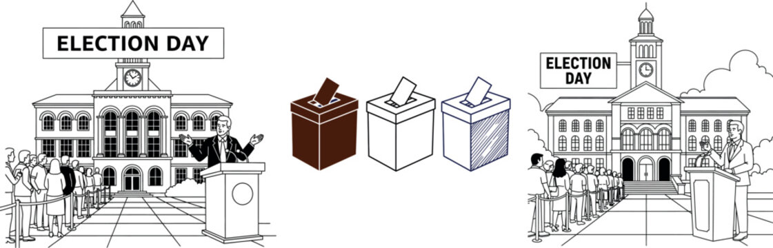 Election day civic duty illustration set polling place ballot box and voting line graphics