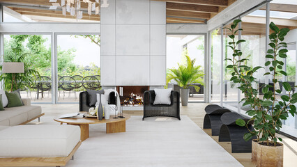 Fototapeta premium Organic Modern Luxury Interior with Biophilic Design Elements, 3d render