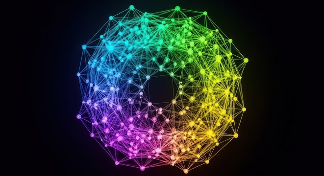 Intricate glowing network structure representing a complex abstract mathematical theorem or a high dimensional topological geometric concept, dynamic, glowing, mathematics