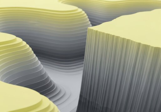Abstract geometric landscape with flat green plateaus and deep grey canyons
