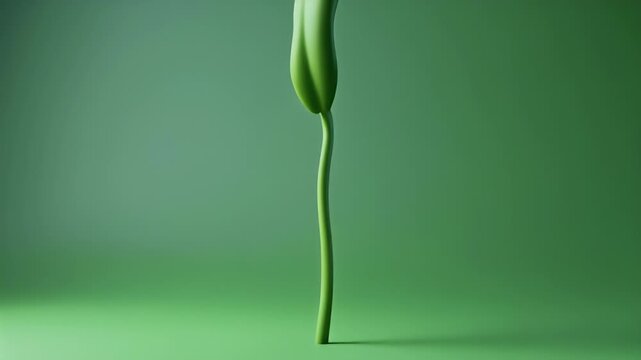 A green plant sprout emerges from the ground in a studio with a green background.