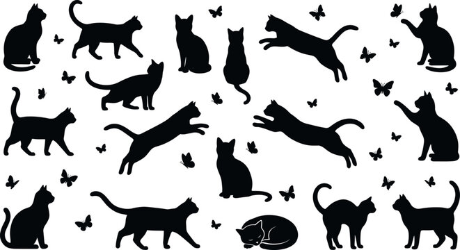 Black cat silhouettes vector set with cute kittens playing jumping and sitting among butterflies on white backgroundBlack cat silhouettes vector set with cute kittens playing jumping and sitting among