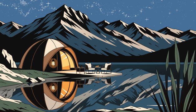 Very beautiful luxury glamping tent beside a crystal-clear mountain lake, featuring warm lantern lighting, elegant outdoor furniture, calm water reflections, and a breathtaking star-filled sky in prem