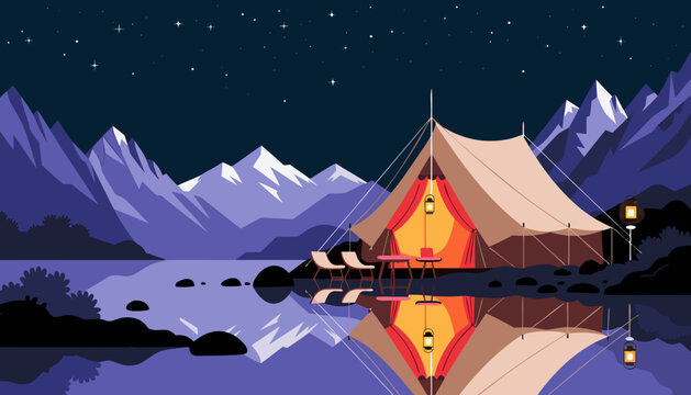Very beautiful luxury glamping tent beside a crystal-clear mountain lake, featuring warm lantern lighting, elegant outdoor furniture, calm water reflections, and a breathtaking star-filled sky in prem