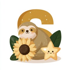 Fototapeta premium The design features a cartoon sloth relaxing next to a sunflower and a star, creating a playful representation of the letter S in simple style.
