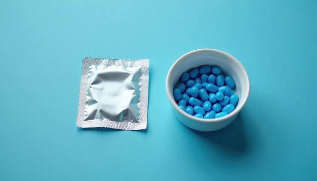 Condom package and blue pills in bowl. Safe sex concept choice, health care, std prevention, family planning medicine, choice. Responsibility awareness plan.