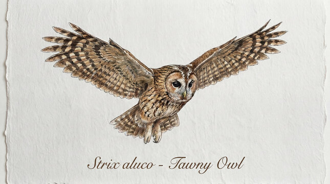 A watercolor illustration of a tawny owl (Strix aluco) depicted in flight with its wings spread against a textured white background.