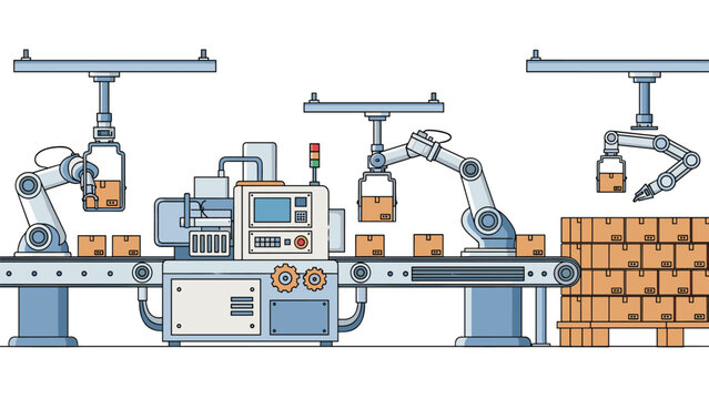 Automated factory production line with robotic arms efficiently moving cardboard boxes onto conveyor belts and pallets for shipping.