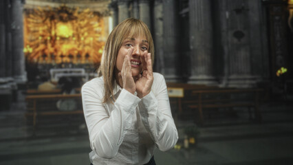 Fototapeta premium Woman cups hands and shouts while smiling, white shirt, standing before an ornate altar inside a church building; joyful devotion.