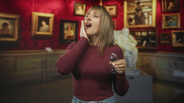 Woman holding hourglass and touching cheek in museum building surrounded by framed paintings and statue; time passing reflection.