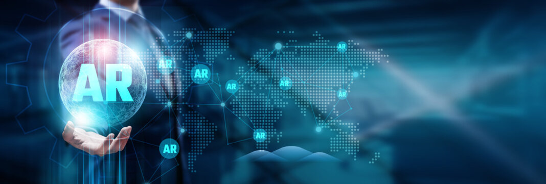 Hand touching a global network with connections across technology, augmented reality (AR), and a futuristic world, symbolizing interconnected innovation and digital advancement.
