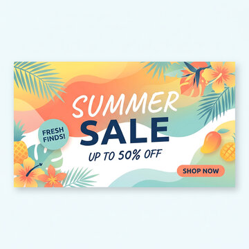 A vibrant summer holiday banner featuring a tropical beach resort paradise with palm trees, golden sand, and ocean waves under a sunny sky, perfect for a vacation travel poster design illustration vec