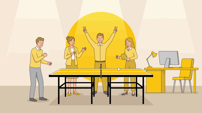 Illustration of a group of coworkers playing ping pong in an office setting with a yellow theme vector