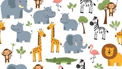Obraz premium Colorful seamless pattern featuring a variety of cute jungle animals such as elephants, giraffes, zebras, and hippos.