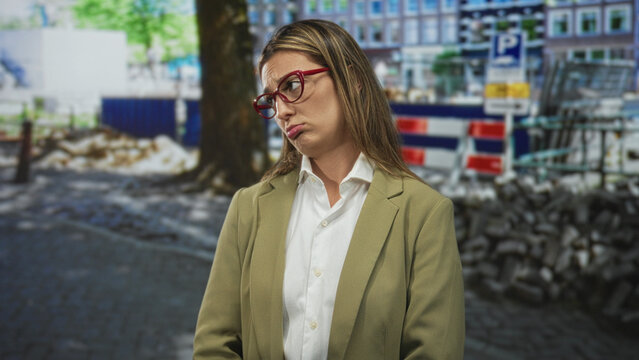 Woman pouting lips with red glasses and tilted head on street beside construction site rubble and barrier; disappointment struggle.