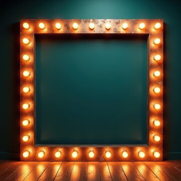 Retro illuminated square frame with old bulbs. Aged metal border stands on wood floor, lit by warm yellow light. Blank empty space for text on dark wall background.