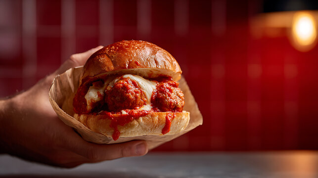Delicious handheld meatball sandwich with melted cheese and rich red sauce, served in a bun, held by a hand. Perfect for food blogs or menus