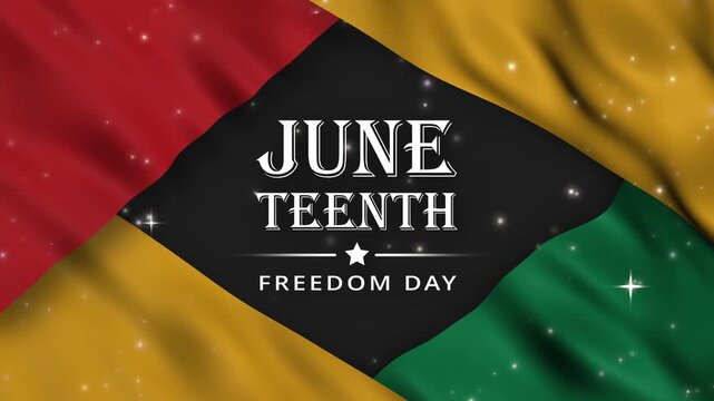 Juneteenth Freedom Day text animation with flowing red, yellow, green, and black coloured waving flag background and glowing particles.