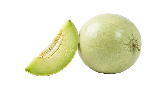 A fresh, ripe honeydew melon and a slice of it, showcasing its pale green flesh and subtle texture