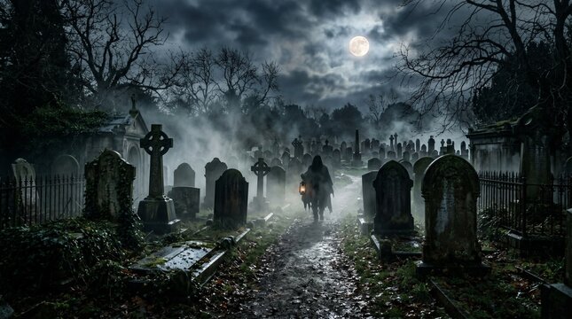 Eerie halloween cinematic background ghostly figure in misty cemetery at night