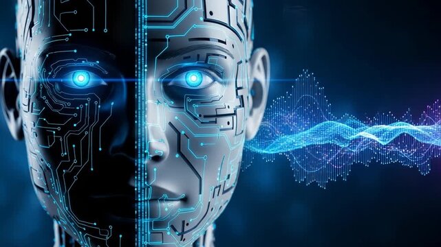 Closeup of a robotic face with glowing blue circuitry